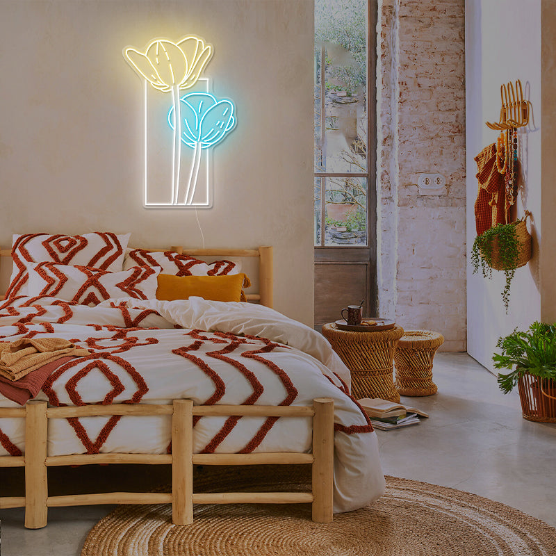 Blooms Flowers Neon Light In Blue For Bedroom