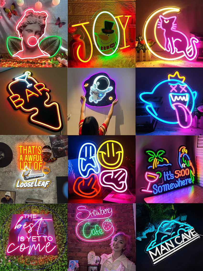 Customer photos of custom neon signs from Lamomo Neon, including a personalized neon sign for a coffee shop, custom neon logo designs, neon beer signs, and neon bar signs, all used to promote businesses and attract more customers.