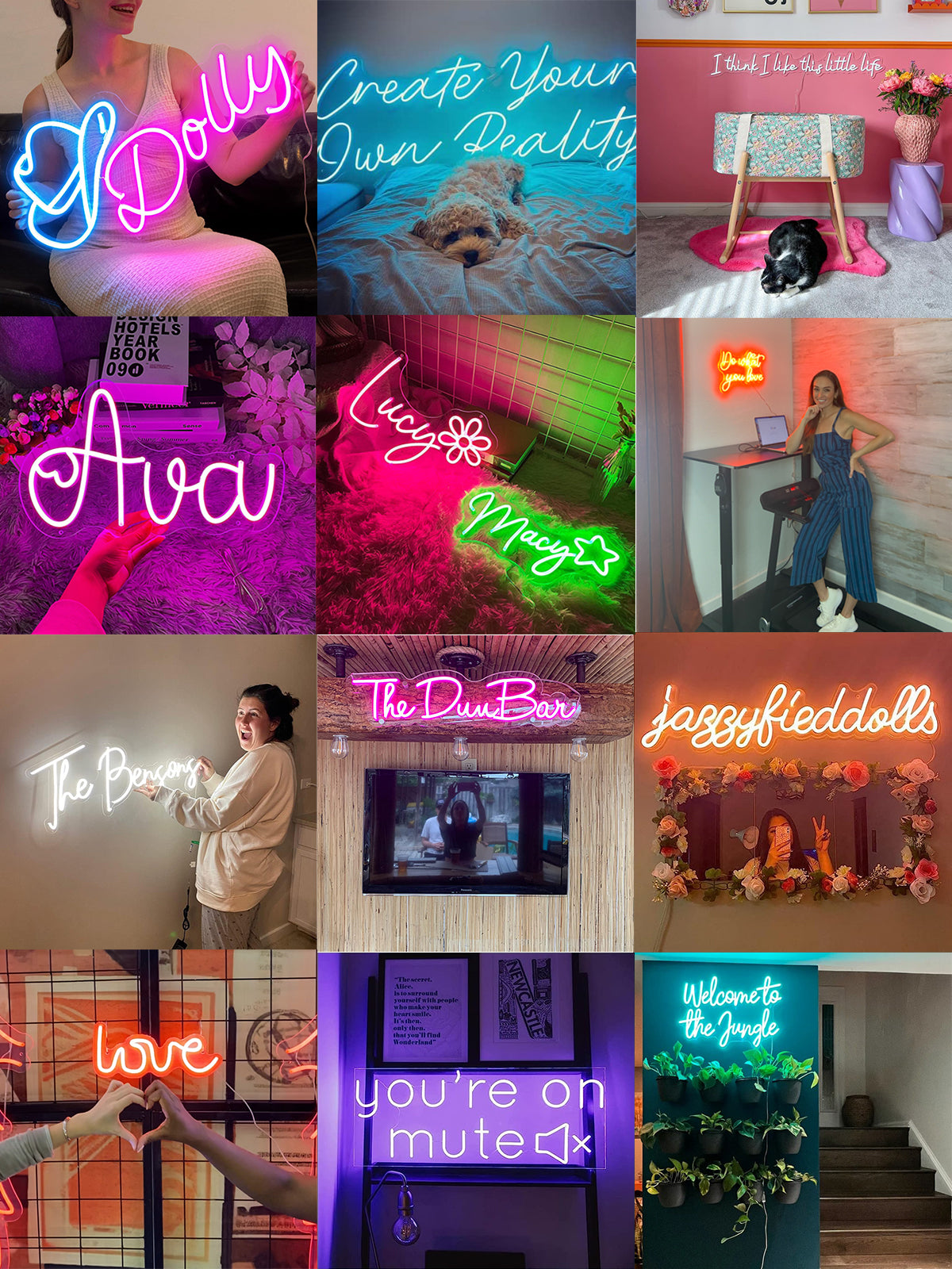 A collection of custom neon signs at Lamomo Neon, including personalized neon name sign, romantic neon wedding sign, and vibrant neon logos design, etc., offering inspiration for your own custom project.