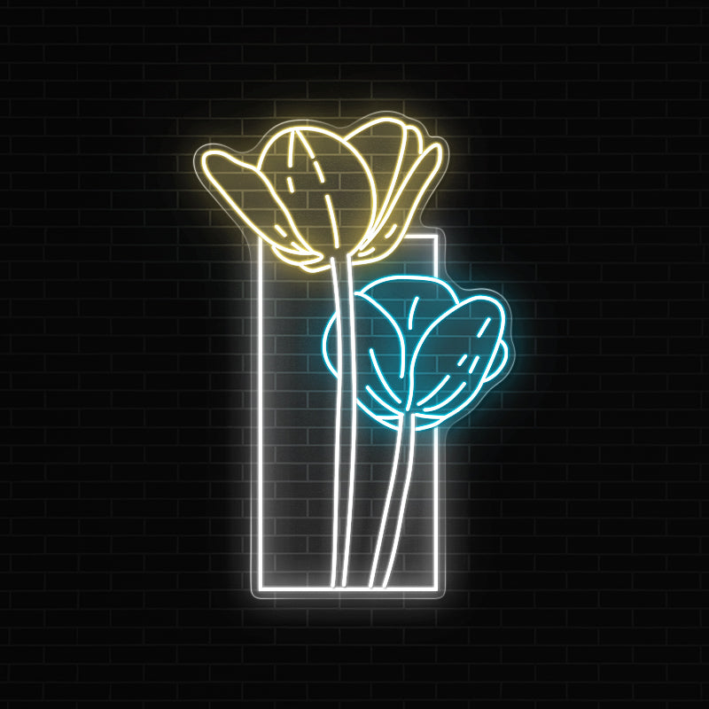 Twin Blooms Flowers Neon Sign In Blue Color