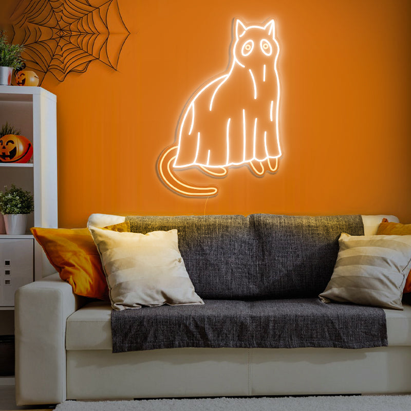 Panneau néon fantôme de chat pour la décoration d'Halloween