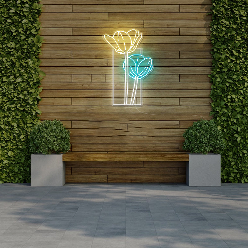 Flowers Neon Sign In Blue For Wood Wall