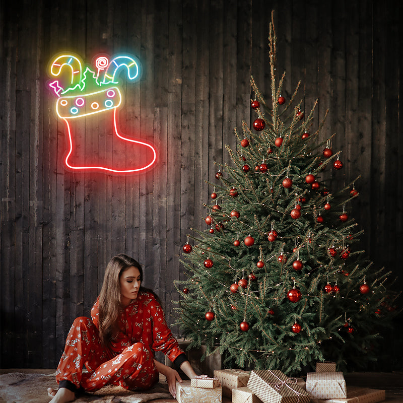 Neon Weihnachtsstrumpf Zeichen für Zuhause