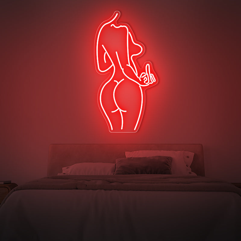 Woman Body Shape With Middle Finger Neon Sign