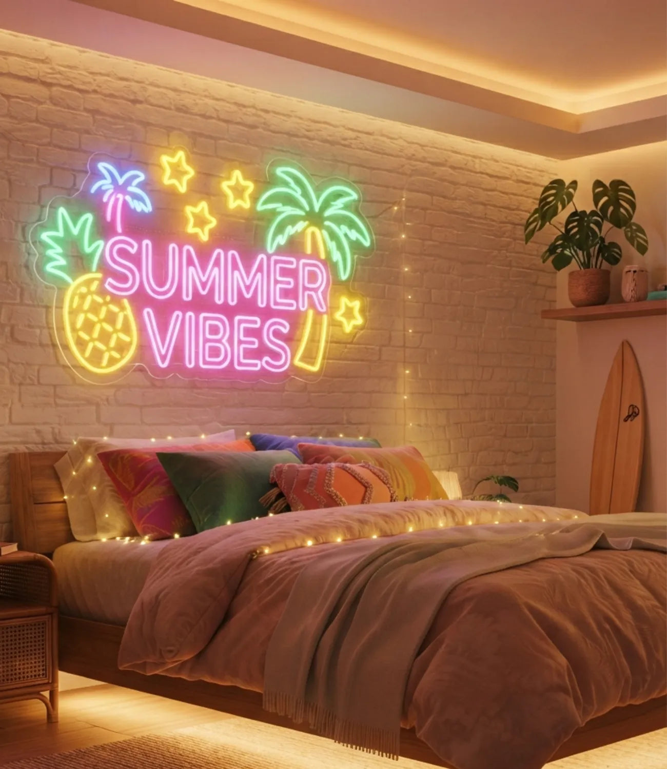 A colorful LED neon-style wall sign reading “SUMMER VIBES” with palm trees, stars, and a pineapple mounted above a bed in a warmly lit bedroom. The sign glows in pink, yellow, green, and blue tones against a white brick wall.