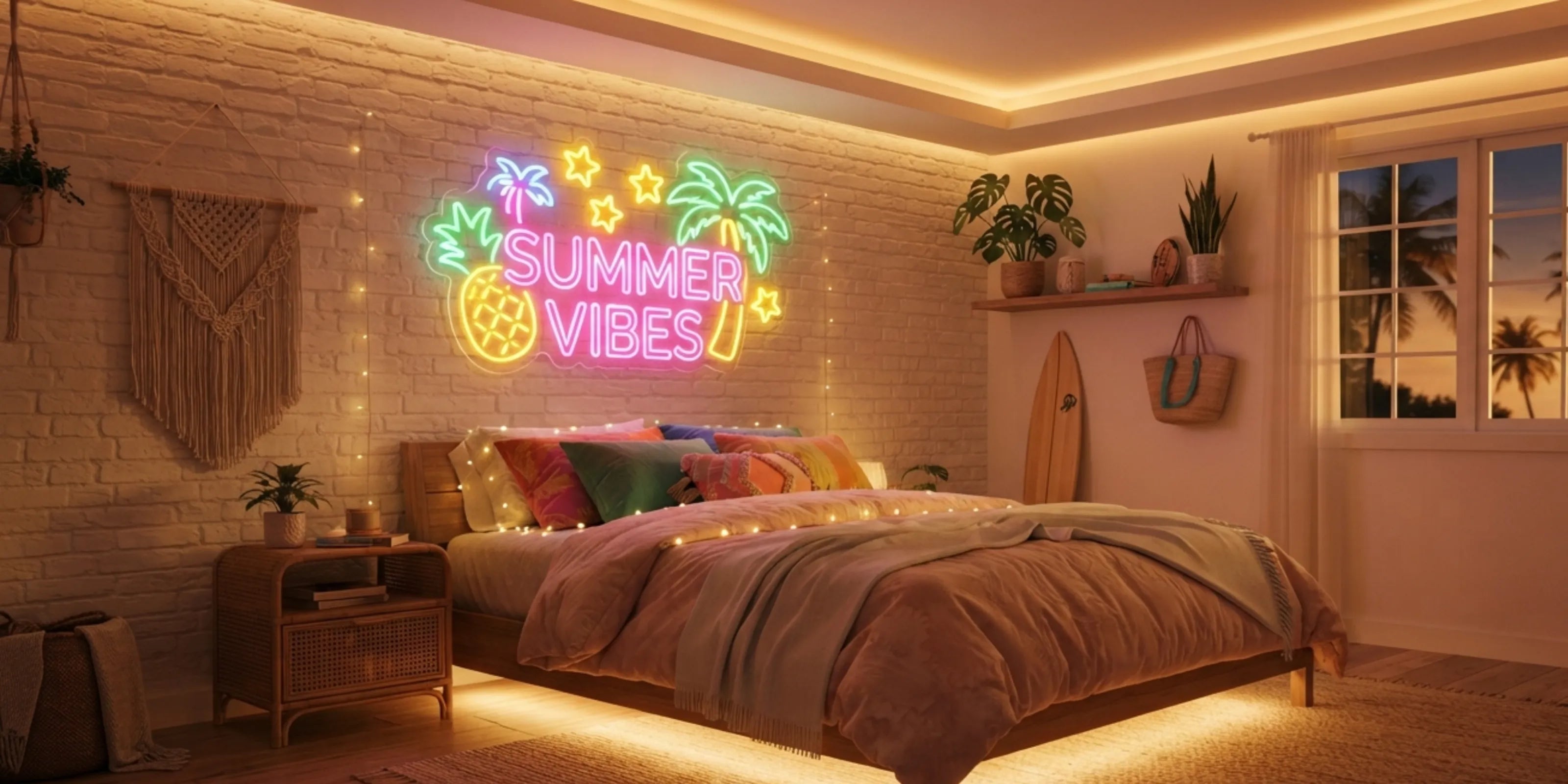 A cozy bedroom scene with a glowing neon sign on the brick wall that reads “SUMMER VIBES” with pineapple and palm tree graphics. The room is warmly lit with ambient lighting, featuring a bed with colorful pillows, a wooden nightstand, plants, and a window with a sunset view.